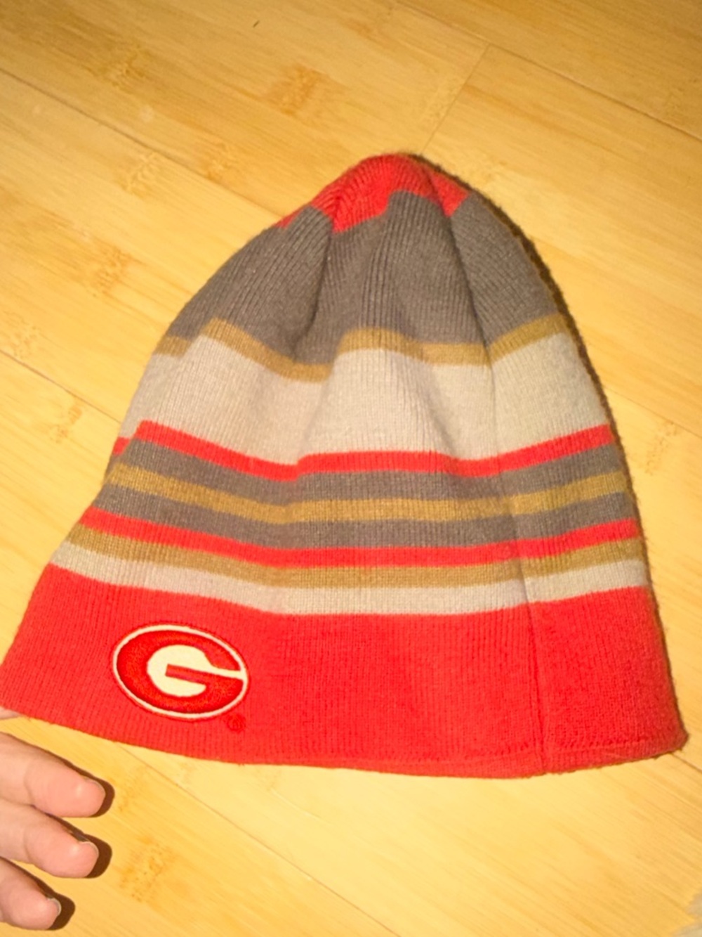 Vintage 90s UGA Red and Gray Striped Knit Beanie Hat with Embroidered 'G' Logo